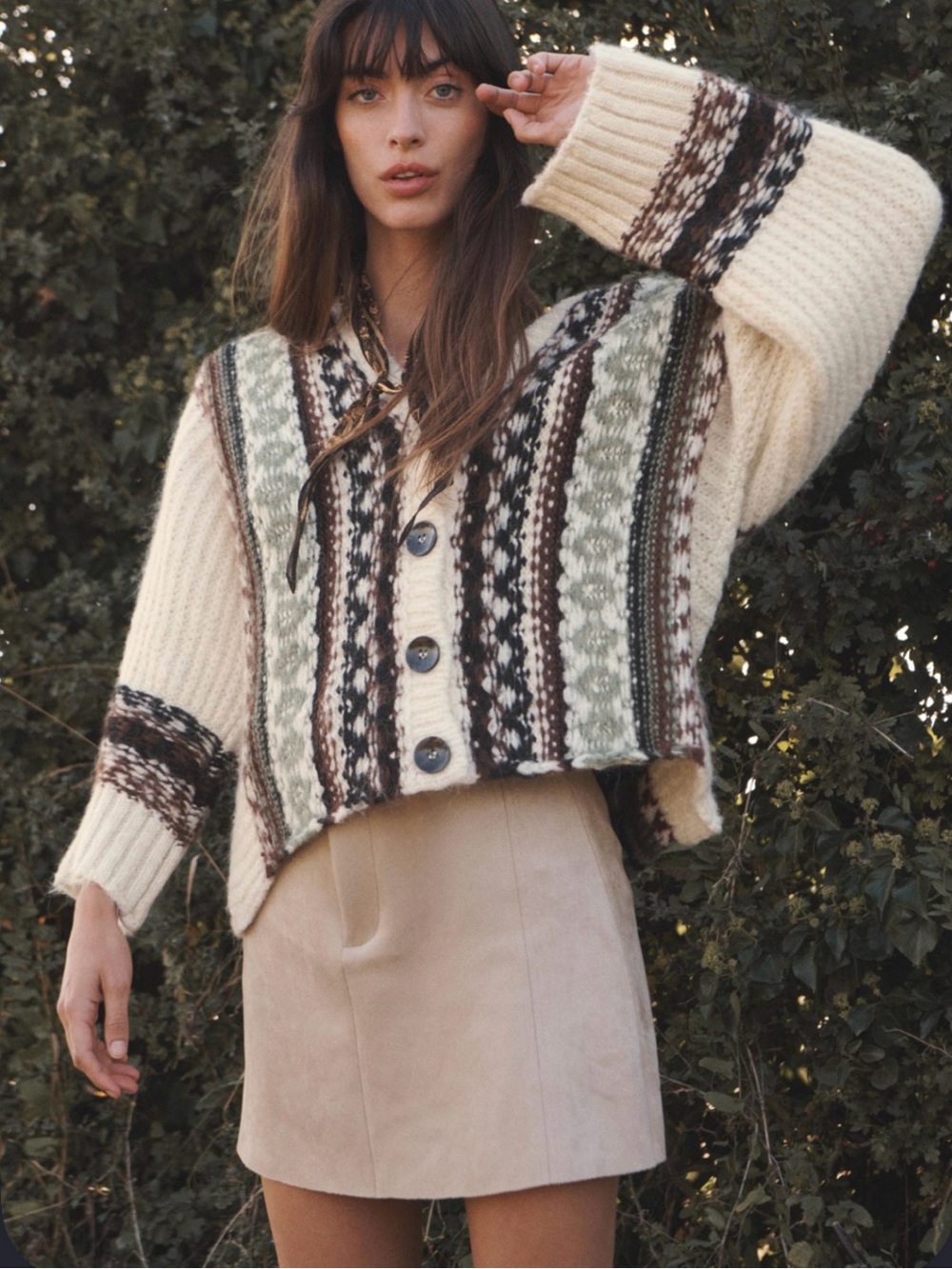 Zara Cream Fair Isle Button-Front Cardigan with Green and Brown Stripes